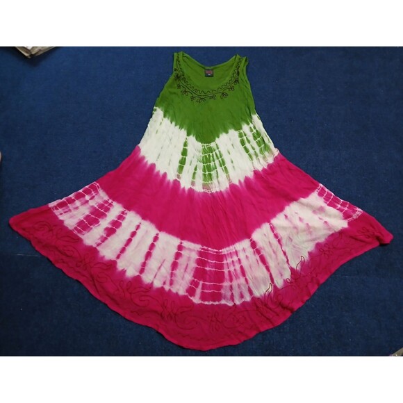 Emily Stacy Boho Sleeveless Umbrella Sundress Tie Dye Embroidered Neck S/M - Picture 8 of 10